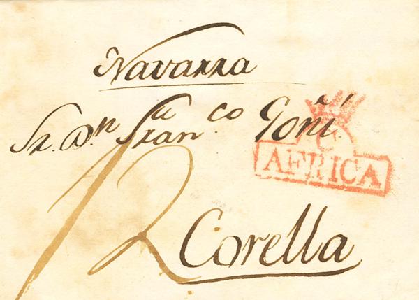 3117 - <i class="far fa-envelope"></i> 1837. CEUTA a CORELLA (NAVARRA). Marca C / AFRICA, en rojo de Ceuta (P.E.8) edición 2004. MAGNIFICA Y MUY RARA. - 375€