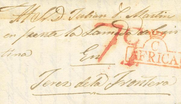 3118 - <i class="far fa-envelope"></i> 1838. CEUTA a JEREZ DE LA FRONTERA (CADIZ). Marca C / AFRICA, en rojo de Ceuta (P.E.9) edición 2004. MAGNIFICA Y MUY RARA. - 375€