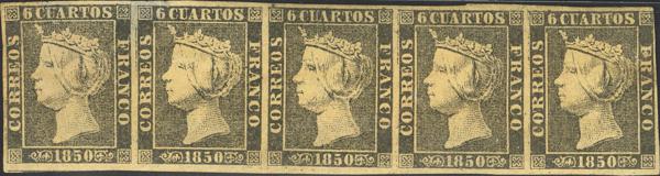 3124 - ★ 1(5). 1850. 6 cuartos negro, tira de cinco (diversos defectos sin importancia, habituales en grandes tiras). MAGNIFICO Y RARISIMO. Cert. CEM. - 650€