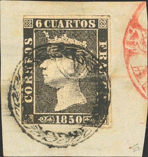 3146 - <i class="far fa-dot-circle"></i> 1. 1850. 6 cuartos negro, sobre fragmento (pliegue de archivo). Matasello CORONA DE LAUREL, en negro de Málaga. MAGNIFICA ESTAMPACION, MUY RARO. - 375€