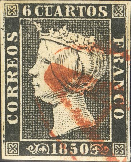 3156 - <i class="far fa-dot-circle"></i> 1. 1850. 6 cuartos negro. Matasello "A", en rojo de abono de Granada. MAGNIFICO Y RARISIMO. Cert. GRAUS. - 475€