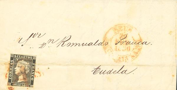 3160 - <i class="far fa-envelope"></i>  1. 1850. 6 cuartos negro. REUS (TARRAGONA) a TOLEDO. Matasello de abono "As", en rojo de Reus. MAGNIFICA Y MUY RARA. Cert. GRAUS. - 750€