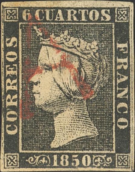 3164 - <i class="far fa-dot-circle"></i> 1. 1850. 6 cuartos negro. Matasello de abono "A", en rojo de Valencia. MAGNIFICO Y EXTRAORDINARIAMENTE RARO. Cert. GRAUS. (se acompaña carta para comparación de la marca) - 500€