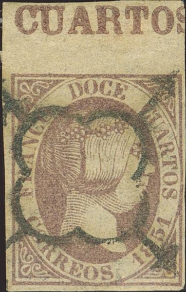 3208 - <i class="far fa-dot-circle"></i> 7. 1851. 12 cuartos lila. Espectacular margen de hoja con la inscripción "Cuartos", no desmerece la gran espectacularidad de la pieza, una pequeña e invisible reparación en la esquina inferior izquierda, que la mencionamos aunque en esta pieza no tenga ninguna importancia. MAGNIFICO. Ex-Cervera. - 150€