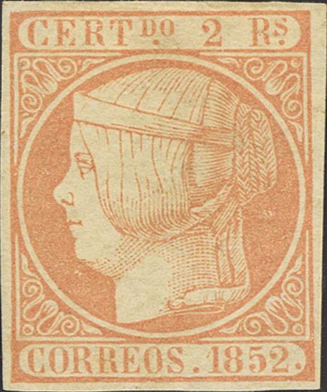 3232 - (★) 14. 1852. 2 reales naranja. Grandes márgenes y color intenso. MAGNIFICO Y DE ENORME RAREZA EN NUEVO Y ESTA EXCEPCIONAL CALIDAD. Cert. CEM. - 6.000€