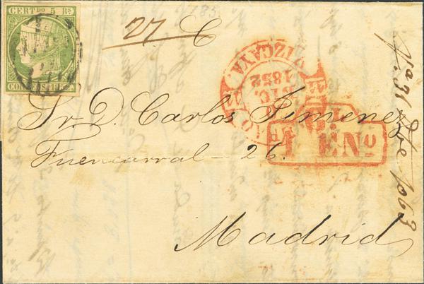 3238 - <i class="far fa-envelope"></i>  15. 1852. (30 de Diciembre). 5 reales verde. Certificado de BILBAO a MADRID. En el frente Nº27 de Certificado, marca GL / 1 ENº, en rojo, diversas tomas de razón y al dorso recibí. MAGNIFICA Y EXTAORDINARIAMENTE RARA, PIEZA DE GRAN ESPECTACULARIDAD MUY POCOS CERTIFICADOS CONOCIDOS DE ESTA EMISION. Cert. COMEX. Ex-Láiz y John Simon (fotografiada en el catálogo especializado de Edifil). - 6.000€