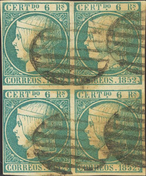 3240 - <i class="far fa-dot-circle"></i> 16(4). 1852. 6 reales azul, bloque de cuatro. Color muy intenso. MAGNIFICO Y RARO. Cert. CEM. Edifil 2020: 2.675 Euros - 700€