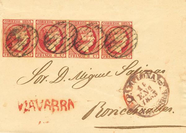 3244 - <i class="far fa-envelope"></i>  17(4). 1853. 6 cuartos rosa carmín, dos parejas. AOIZ (NAVARRA) a RONCESVALLES. Matasello PARRILLA y en el frente marca prefilatélica NAVARRA, en rojo de Aoiz y baeza PAMPLONA / NAVARRA. MAGNIFICA Y RARISIMO FRANQUEO DE CUATRO PORTES. - 275€