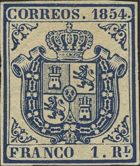 3274 - (★) 34. 1854. 1 real azul oscuro. Color muy intenso. MAGNIFICO. Cert. GRAUS. - 875€