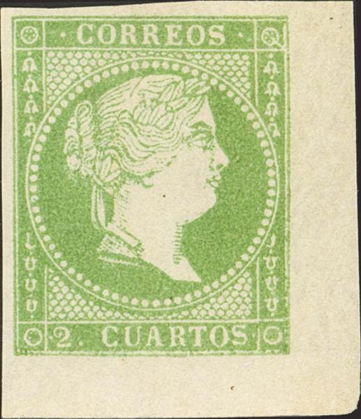3296 - (★) 47. 1856. 2 cuartos verde, esquina de pliego. PIEZA DE LUJO, MUY POSIBLEMENTE EL MEJOR EJEMPLAR CONOCIDO. MAGNIFICO. Cert. GRAUS. - 375€