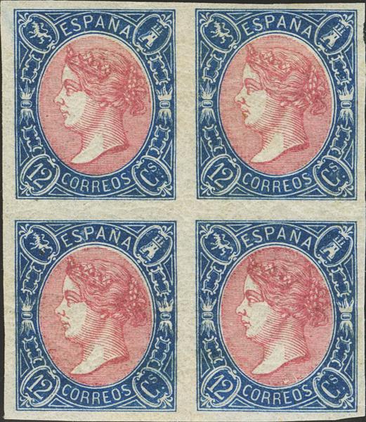 3378 - ★ 70(4). 1865. 12 cuartos azul y carmín, bloque de cuatro. Color excepcional y grandes márgenes. MAGNIFICO Y RARISIMO BLOQUE. Cert. CEM. Edifil 2020: +2.375 Euros - 750€