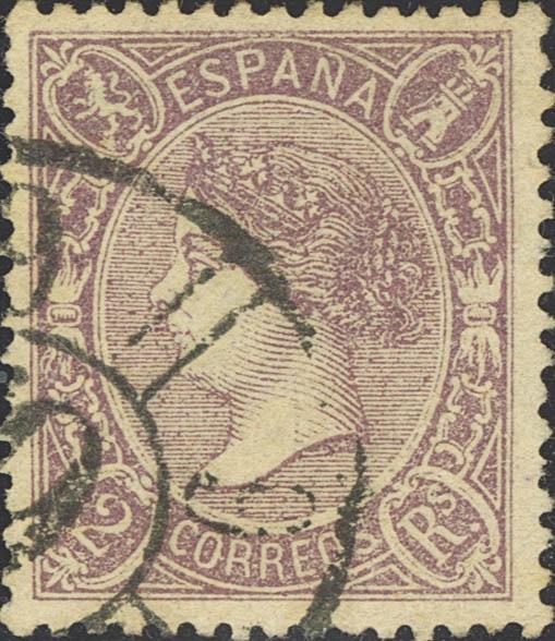 3408 - <i class="far fa-dot-circle"></i> 79. 1865. 2 reales lila. Color y centraje excepcional. PIEZA DE LUJO. Cert. CEM. - 175€