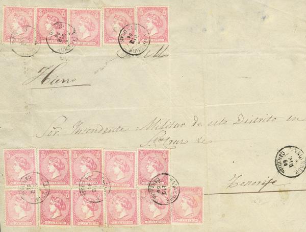 3414 - <i class="far fa-envelope"></i>  80(16). 1866. 2 cuartos rosa, dieciséis sellos. Frente de Plica Judicial de VALVERDE (CANARIAS) a TENERIFE (CANARIAS). Matasello VALVERDE / CANARIAS. MAGNIFICO Y EXTRAORDINARIAMENTE RARO, ESPECIALMENTE CON UN MULTIPLO DE ESTE TAMAÑO DEL 2 CUARTOS, ESPECTACULAR COMBINACION DE FRANQUEO DE 32 CUARTOS DEL CORREO INSULAR PARA COMPLETAR LA TARIFA DE DIECISEIS PORTES. Cert. CEM. Ex-Láiz (fotografiada en el catálogo especializado de Edifil). - 4.000€