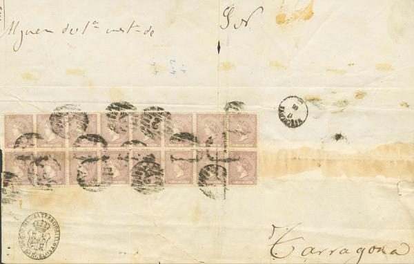3442 - <i class="far fa-envelope"></i>  92(16). 1868. 20 cts lila, bloque de dieciséis. Plica Judicial de BARCELONA a TARRAGONA. MAGNIFICA Y ESPECTACULAR FRANQUEO DE SESENTA Y OCHO PORTES, POSIBLEMENTE EL MAYOR CONOCIDO CON ESTE SELLO. - 675€