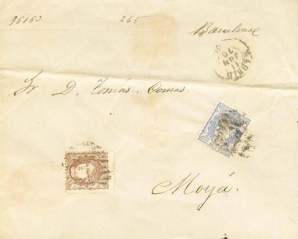3473 - <i class="far fa-envelope"></i>  107, 109. 1870. 50 mils azul y 200 mils castaño. Certificado de MADRID a MOYA. Matasello PARRILA con Nº1, en el frente Nº de certificado y al dorso firma del recibí y lacres. MAGNIFICA Y RARA. - 1.200€