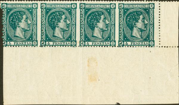 3589 - ★ 170. 1875. 4 pts verde oscuro, tira de cuatro, esquina de pliego. MAGNIFICA Y RARISIMA, PIEZA DE ENORME ESPECTACULARIDAD. - 800€