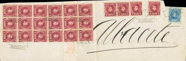 3726 - <i class="far fa-envelope"></i>  253(22), 248. 1910. 1 pta carmín, bloque de veintidós y 25 cts. Frontal de Certificado de LORCA a ALBACETE. MAGNIFICO, ESPECTACULAR Y RARISIMO FRANQUEO. - 300€