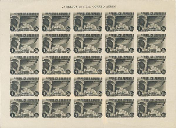 4000 - ★★ 711P(25). 1936. 1 cts negro, hoja de veinticinco sellos (una pareja recortada e integrada de nuevo en el pliego). ENSAYO DE COLOR, en negro y WATERLOW AND SONS LTD / SPECIMEN. MAGNIFICA Y EXTRAORDINARIAMENTE RARA, SIN DUDA PIEZA DE ENORME IMPORTANCIA Y ESPECTACULARIDAD. - 1.000€