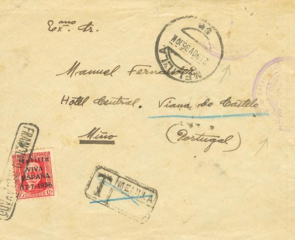 4375 - <i class="far fa-envelope"></i>  2. 1936. 30 cts rojo. MELILLA a VIANA DE CASTELO (PORTUGAL). Matasello FRANQUEO RECLAMADO. MAGNIFICA Y RARISIMO USO DE ESTE SELLO SOBRE UNA CARTA VERDADERAMENTE CIRCULADA. - 275€