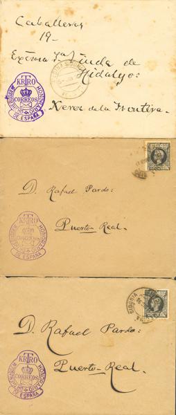 4429 - <i class="far fa-envelope"></i> (1898ca). Conjunto de tres cartas dirigidas a PUERTO-REAL y JEREZ DE LA FRONTERA desde MEDINA SIDONIA y remitidas por el Dr.Thebussem, todas ellas con su marca de franquicia KRTRO / HONORARIO DR.THEBUSSEM / DE ESPAÑA, en violeta. A EXAMINAR. - 0€