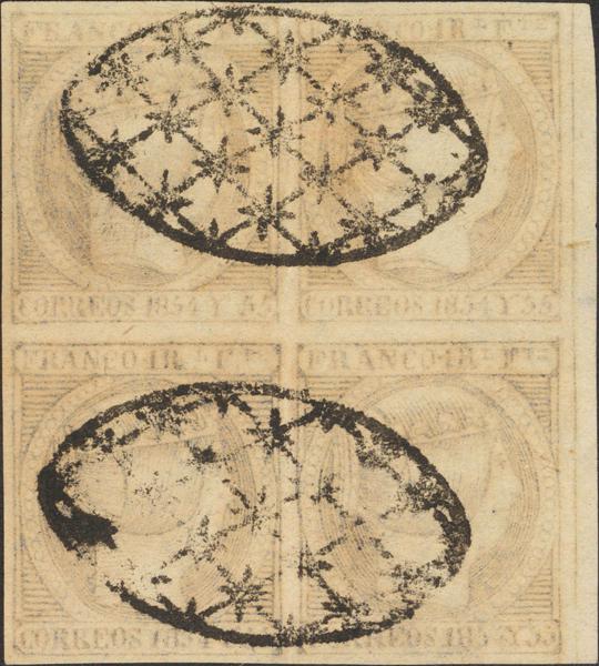 4542 - <i class="far fa-dot-circle"></i> 3b(4). 1854. 1 real gris azulado, bloque de cuatro, borde de hoja. MAGNIFICO Y MUY RARO, PIEZA DE ENORME CALIDAD E IMPORTANCIA. Cert. GRAUS. Edifil 2019: 2.880 Euros - 1.200€