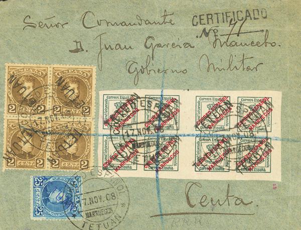 4601 - <i class="far fa-envelope"></i>  15hi(4), 25hcc. 1908. 2 cts castaño TETUAN HABILITACIONES INVERTIDAS, bloque de cuatro y 25 cts azul TETUAN COLOR CAMBIADO de la sobrecarga. Certificado de TETUAN a CEUTA. MAGNIFICA Y RARISIMA. - 450€