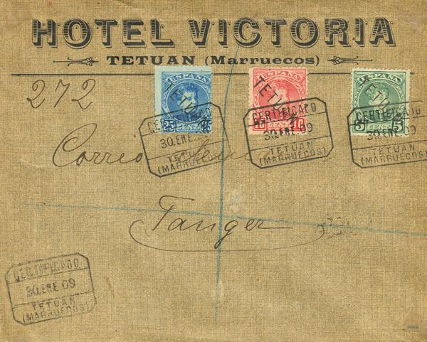 4604 - <i class="far fa-envelope"></i>  20, 16, 17. 1909. 5 cts, 10 cts, 25 cts, SOBRECARGADOS TETUAN. Certificado de TETUAN a TANGER (MARRUECOS). Al dorso llegada. MAGNIFICA Y RARISIMA. - 425€