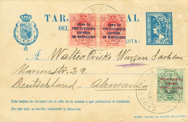 4770 - <i class="far fa-envelope"></i>  EP2. 1922. Sin valor, azul sobre Tarjeta Entero Postal Militar de MELILLA a TETUAN (MARRUECOS), con franqueo complementario de 5 cts y 10 cts, pareja. Matasello CABO DE AGUA / MARRUECOS. MAGNIFICO Y RARISIMO CON FRANQUEO COMPLEMENTARIO. - 275€
