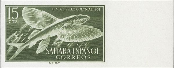 4805 - ★★ 118s. 1954. 15 cts verde. SIN DENTAR. MAGNIFICO Y EXTRAORDINARIAMENTE RARO, PIEZA DESCONOCIDA HASTA LA FECHA Y NO REFERENCIADA EN NINGUN CATALOGO, SIN DUDA LA PIEZA MAS IMPORTANTE DE LA COLONIA ESPAÑOLA DE SAHARA. Cert. CEM. - 3.000€