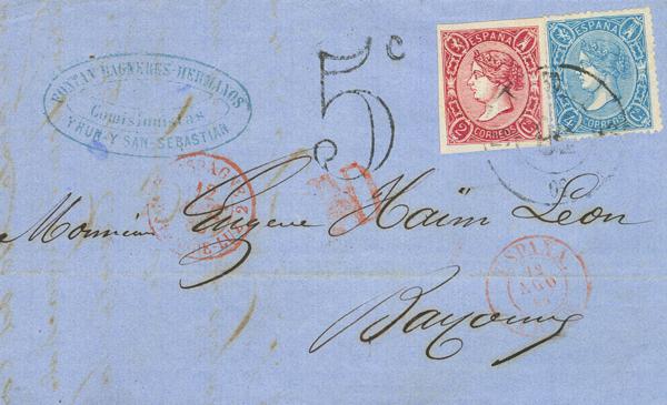 139 - <i class="far fa-envelope"></i>  69, 75. 1865. 2 cuartos rojo y 4 cuartos azul. IRUN (GUIPUZCOA) a BAYONA (FRANCIA). MAGNIFICO Y RARO FRANQUEO FRONTERIZO, CON LA COMBINACION DE UN SELLO DENTADO Y OTRO SIN DENTAR. - 175€