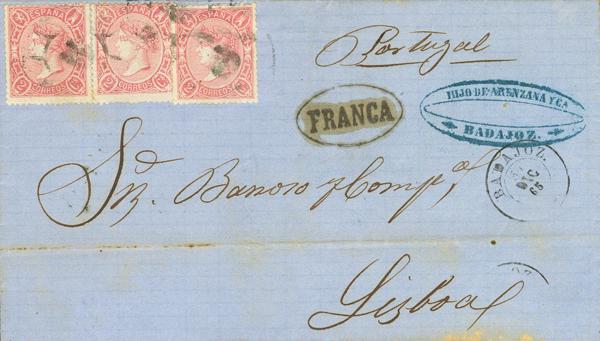166 - <i class="far fa-envelope"></i>  74(3). 1865. 2 cuartos rosa, tira de tres. BADAJOZ a LISBOA (PORTUGAL). MAGNIFICA Y ESPECTACULAR COMBINACION DE FRANQUEO PARA COMPLETAR LA TARIFA DE 6 CUARTOS A PORTUGAL CON EL 2 CUARTOS DENTADO, PROBABLEMENTE UNICA. - 600€