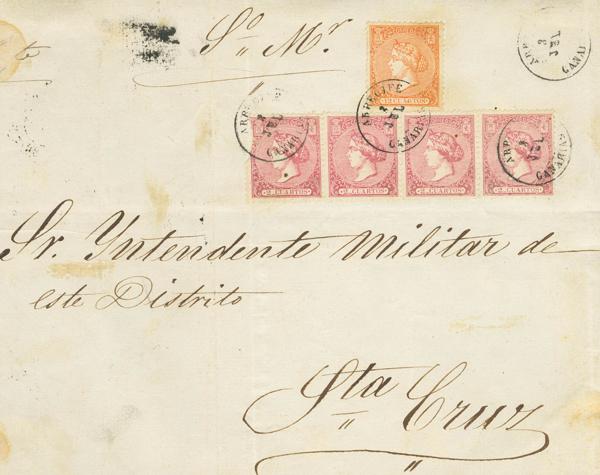 197 - <i class="far fa-envelope"></i>  80(4), 82. 1866. 2 cuartos rosa, tira de cuatro y 12 cuartos amarillo. Frontal de ARRECIFE (CANARIAS) a SANTA CRUZ DE TENERIFE (CANARIAS). MAGNIFICO Y RARISIMO, ESPECIALMENTE CON UN MULTIPLO DE ESTE TAMAÑO DEL 2 CUARTOS, ESPECTACULAR COMBINACION DE FRANQUEO DE 20 CUARTOS DEL CORREO INSULAR PARA COMPLETAR LA TARIFA DE DIEZ PORTES. - 750€