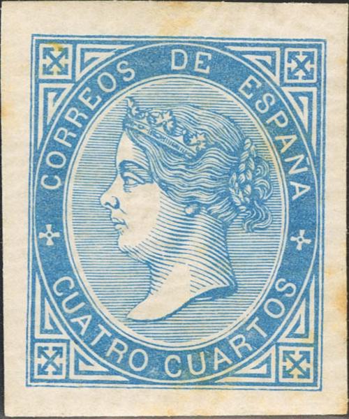 239 - ★ 88P. 1867. 4 cuartos azul claro. PRUEBA DE PUNZON, márgenes pequeños. MAGNIFICA Y RARISIMA. (Gálvez 423) - 175€