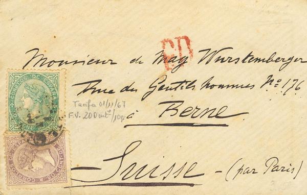 264 - <i class="far fa-envelope"></i>  91, 92. 1868. 10 cts verde y 20 cts lila. ESPAÑA a BERNA (SUIZA). Matasello NORTE / AMB. MAGNIFICA Y RARISIMA COMBINACION DE FRANQUEO DE 30 CTS, EN LA PRACTICA EQUIVALENTE A 3 REALES O 24 CUARTOS PARA COMPLETAR LA ANTIGUA TARIFA DE 3 REALES O 24 CUARTOS A SUIZA DEL 1 DE SEPTIEMBRE DE 1864, Y OBVIANDO LA NUEVA TARIFA DE 19 CUARTOS A SUIZA DEL 1 DE ENERO DE 1866, QUE NO FUE CONVENIENTEMENTE DIFUNDIDA. - 375€