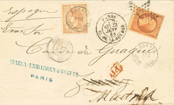 288 - <i class="far fa-envelope"></i>  96. 1868. 50 mils castaño claro y sello de Francia de 40 cts naranja. PARIS a ZARAUTZ y reexpedida a MADRID. MAGNIFICO Y RARISIMO FRANQUEO MIXTO, DEBIDO A LA REEXPEDICION Y SU CORRESPONDIENTE REFRANQUEO DESDE ZARAUTZ A MADRID, SIN DUDA UNA DE LAS PIEZAS MAS ESPECTACULARES DE LA EMISION. - 800€