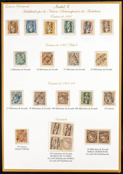 315 - ★/<i class="far fa-dot-circle"></i>(1869ca). Espectacular colección especializada de las emisiones de Isabel II con sobrecarga HABILITADO POR LA NACION, estando representadas la mayoría de poblaciones o regiones y destacando Madrid (con sellos nuevos y usados y varias cartas, una procedente de Francia), Andalucía (con sellos nuevos y alguna variedad, incluido un falso postal), Teruel (sellos nuevos y usados y tres cartas, una de triple porte), Valladolid (nuevos y usados, algún bloque y tres cartas), así como varias cartas y sellos sueltos con habilitación manuscrita. SE TRATA PROBABLEMENTE DE LA COLECCION MEJOR ENSAMBLADA EN ESTA ESPECIALIDAD. IMPRESCINDIBLE EXAMINAR. - 4.500€