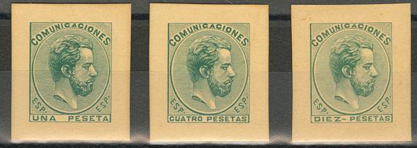 357 - (★) 127/29P. 1872. PRUEBAS DE PUNZON del 1 pts, 4 pts y 10 pts, en verde. MAGNIFICAS Y RARAS. (Gálvez 761/63) - 850€