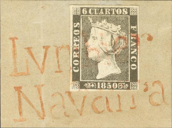 35 - △ 1A. 1850. 6 cuartos negro (sobre un fragmento de la época con el objeto de hacerlo más atractivo). Matasello prefilatélico LUMBIER / NAVARRA, en rojo. MAGNIFICO Y RARISIMO. Cert. GRAUS. (se acompaña carta prefilatélica para comparación de la marca). - 225€