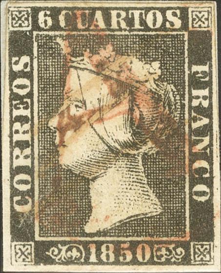 36 - <i class="far fa-dot-circle"></i> 1A. 1850. 6 cuartos negro. Matasello de abono "A", en rojo de Ciudad Real. MAGNIFICO Y MUY RARO. Cert. GRAUS. - 275€