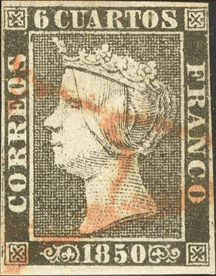 37 - <i class="far fa-dot-circle"></i> 1. 1850. 6 cuartos negro. Matasello de abono "A", en rojo de Huesca. MAGNIFICO Y EXTRAORDINARIAMNETE RARO. Cert. CEM. - 475€