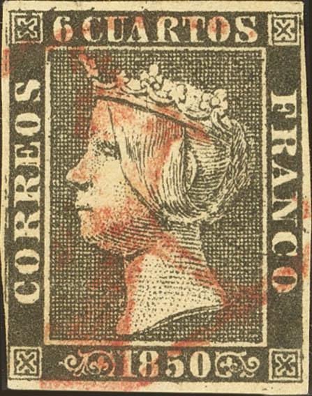 39 - <i class="far fa-dot-circle"></i> 1. 1850. 6 cuartos negro (I-16). Matasello de abono "A", en rojo de Sevilla. MAGNIFICO Y RARISIMO. Cert. GRAUS. - 375€