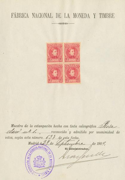 522 - (★) 251s(4). 1901. 40 cts rosa SIN DENTAR, bloque de cuatro (los sellos superiores insignificante doblez), sobre un documento no original, haciéndolo pasar por una prueba, aun así magnífico y rarísimo, valorado sólo como sin dentar. Edifil 2026: +1.780 Euros - 300€