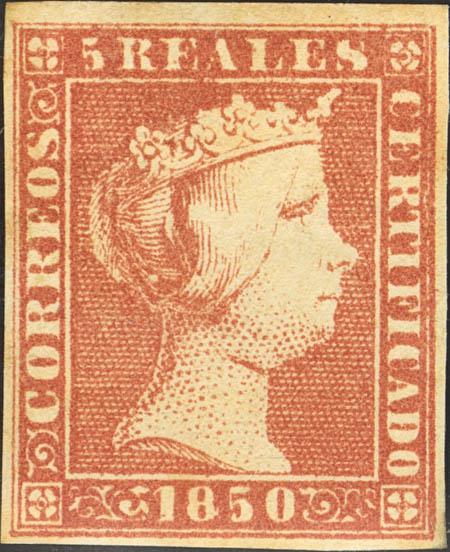 56 - ★ 3. 1850. 5 reales rojo (conserva su goma original). Grandes márgenes. MAGNIFICO. Cert. COMEX. - 1.200€