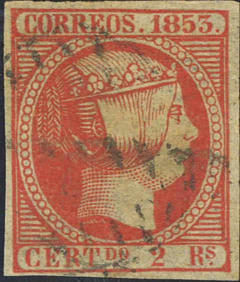 76 - <i class="far fa-dot-circle"></i> 19. 1853. 2 reales bermellón. Color intenso y buenos márgenes. MAGNIFICO. Cert. EXFIMA. - 875€