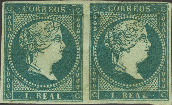 96 - ★ 41(2). 1855. 1 real azul, en pareja. Márgenes grandes y color nítido. MAGNIFICA Y RARA EN ESTA EXCEPCIONAL CALIDAD. Cert. CEM. - 475€